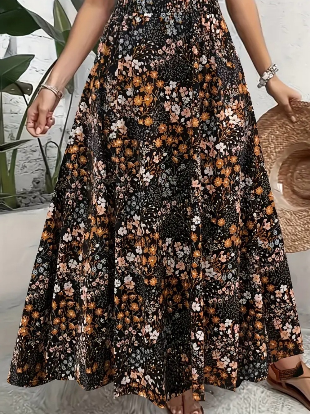 Floral Tiered Maxi Skirt in Black with Orange & Pink Accents